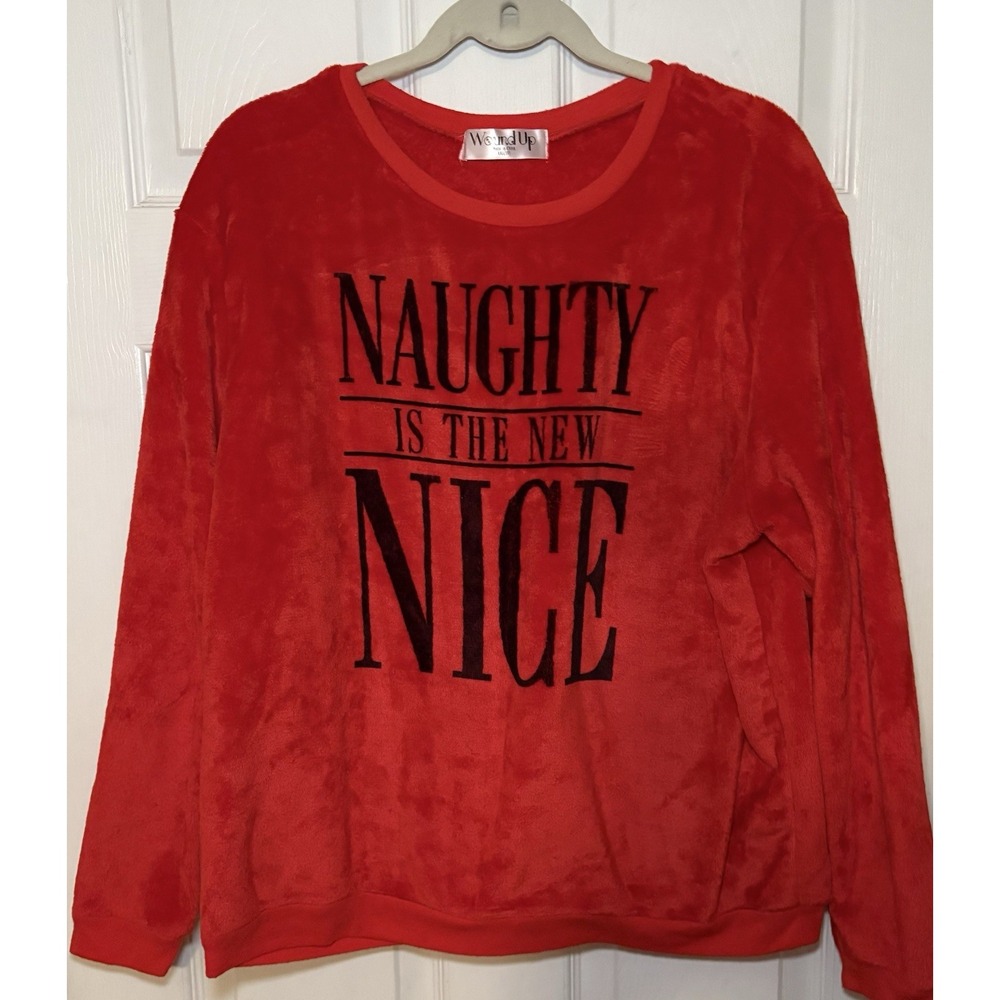 Wound Up Sweatshirt Christmas Fuzzy Naughty Is The New Nice Red Holiday XXL 19